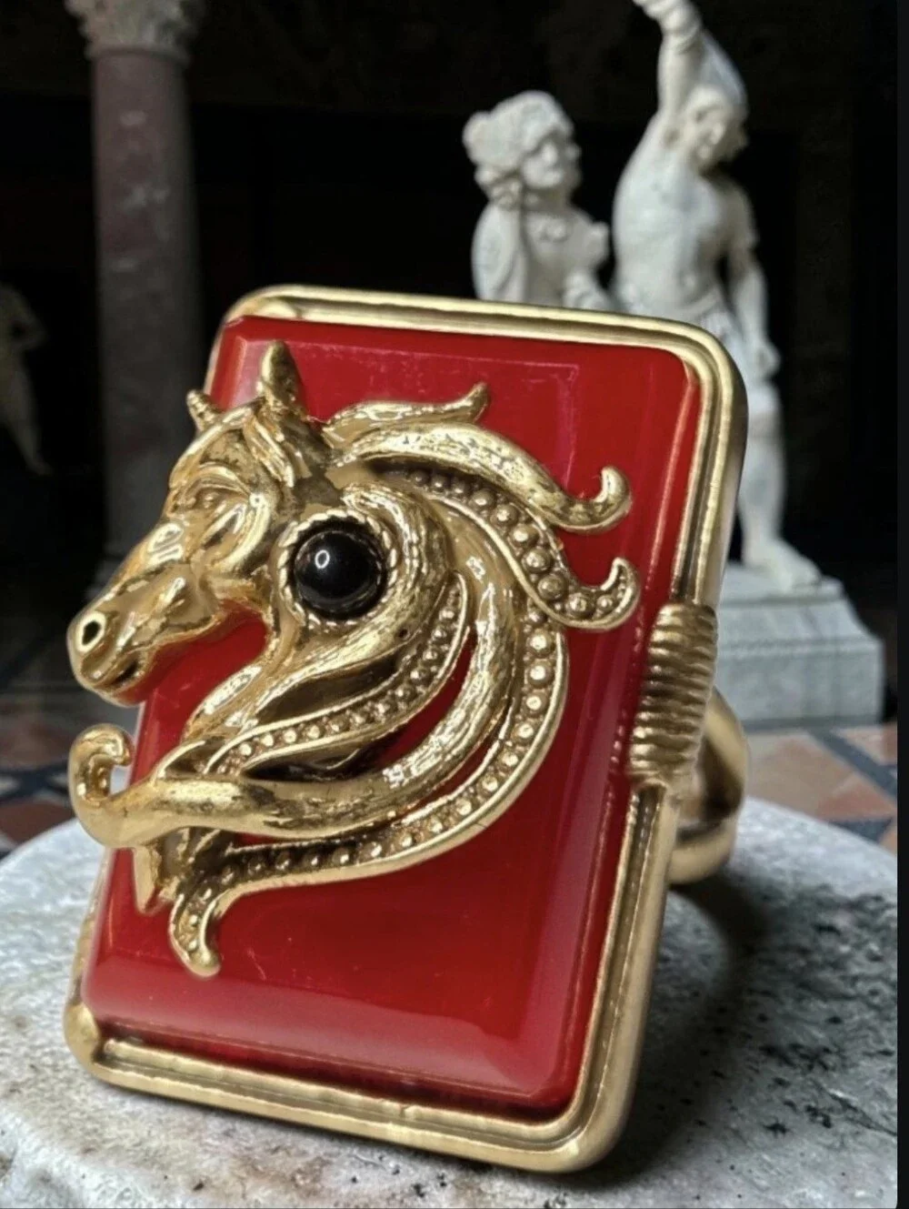 Etruscan Mogul 18k Matte Gold Plated Equestrian Horse Ruby Lucite Ring